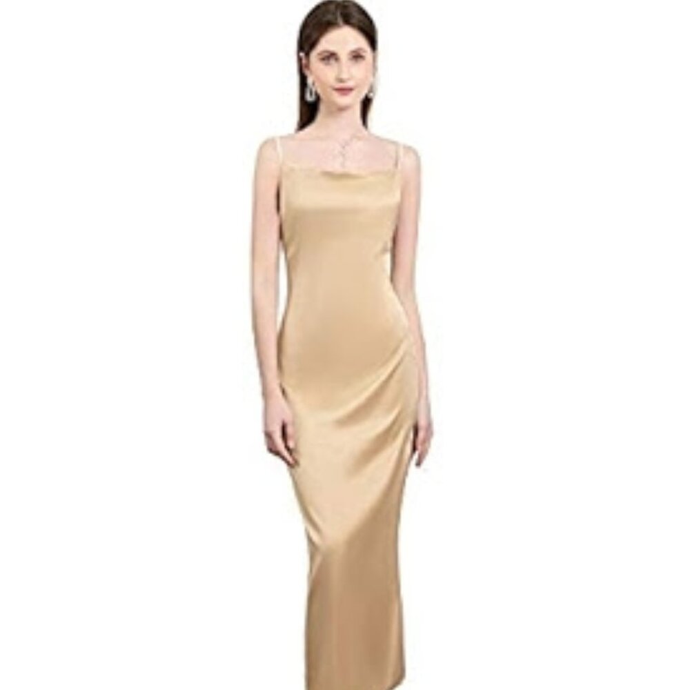 90's-Insired Satin Midi Slip Dress w/ Cowl Neck  - Champagne, Medium NEVER WORN